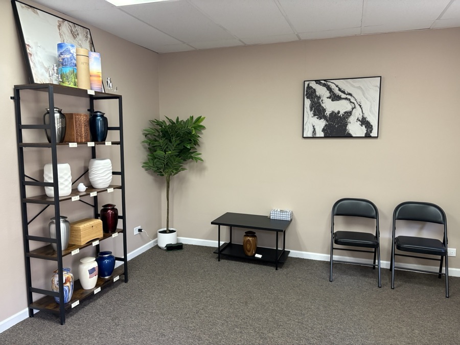 Urn display shelves and seating in the Arvada office