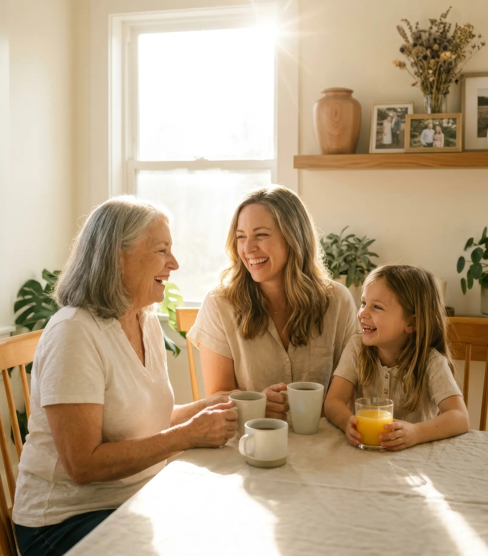 Three generations of a family laughing together around a kitchen table