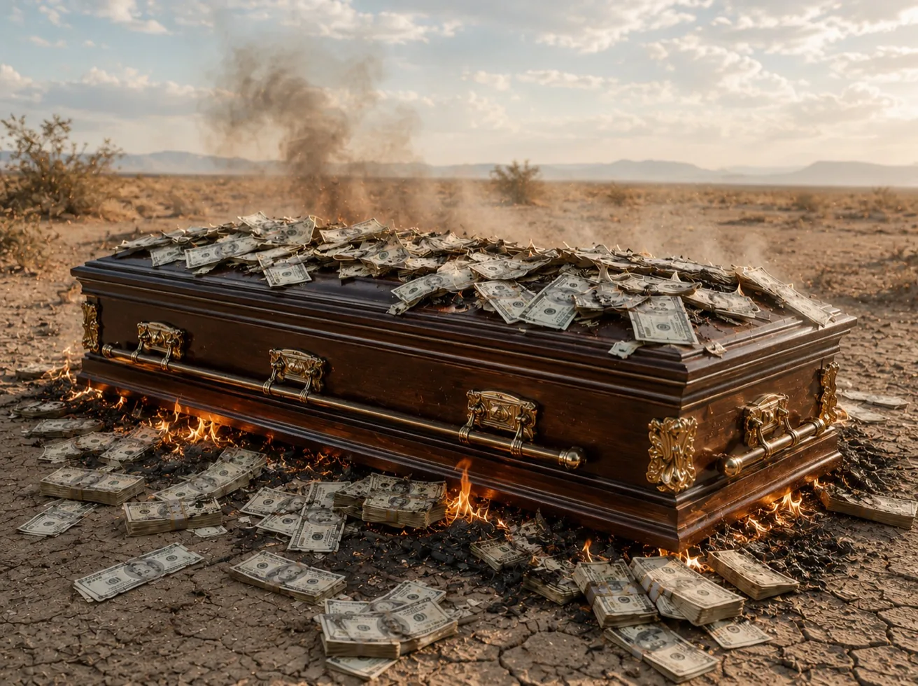 A casket covered in burning cash in the desert