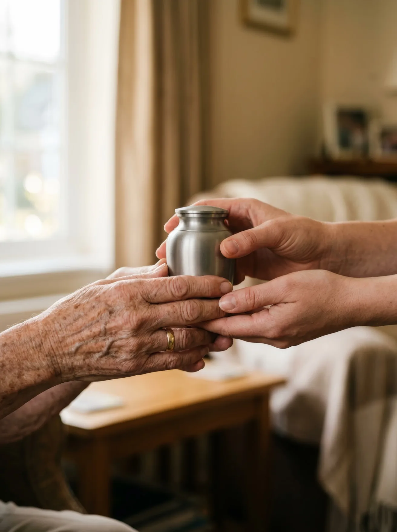 A care team member placing an urn into an older woman's hands at home