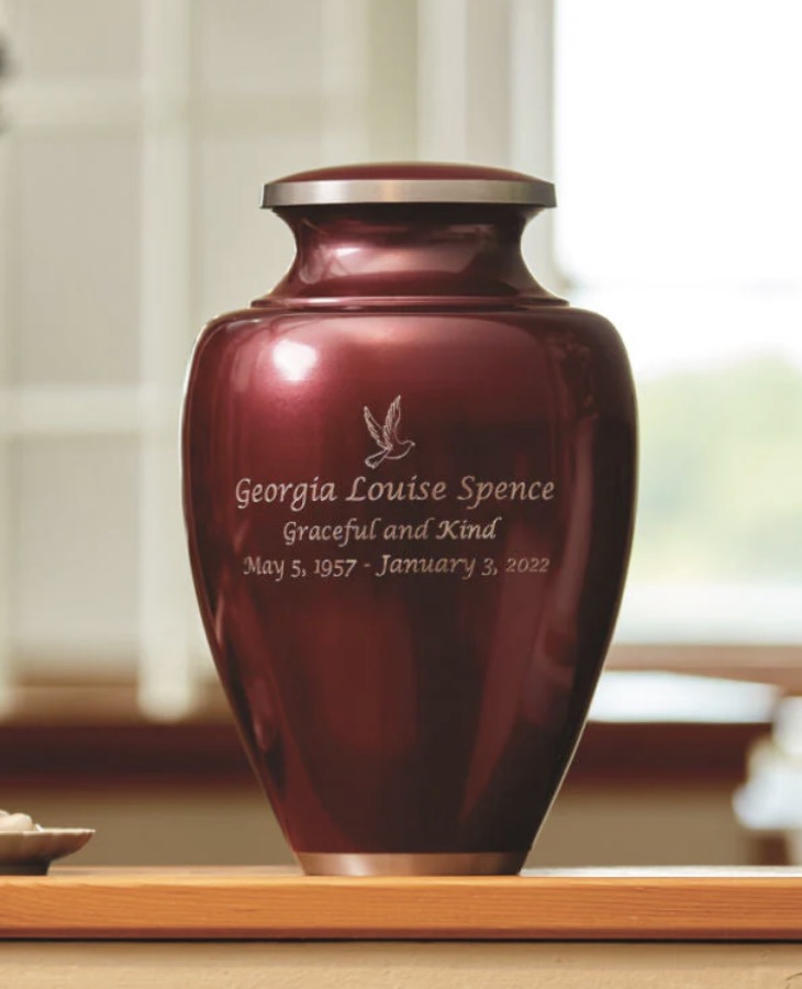 Burgundy urn with a personalized dove engraving